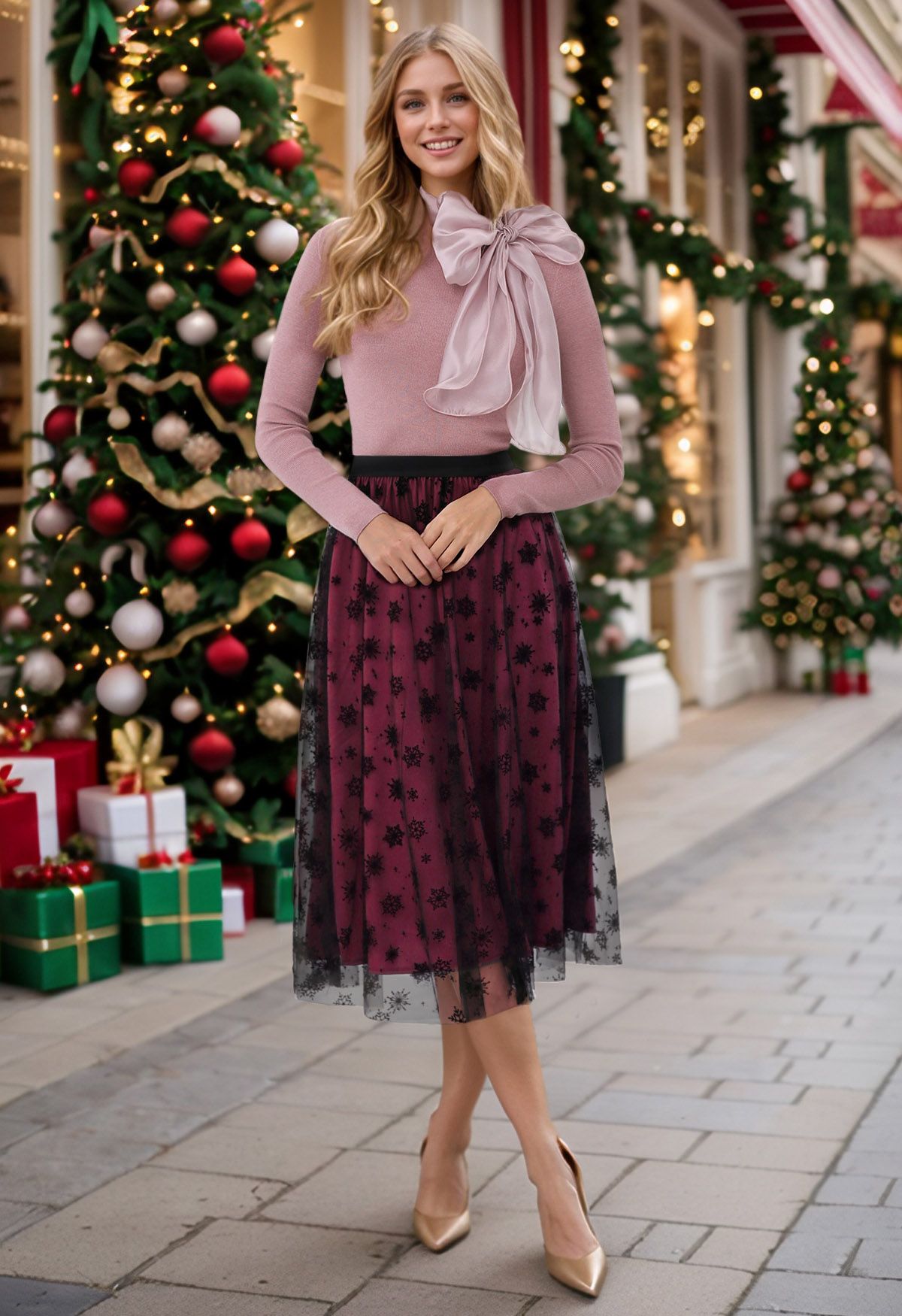 Falling Snowflake Mesh Tulle Midi Skirt in Burgundy