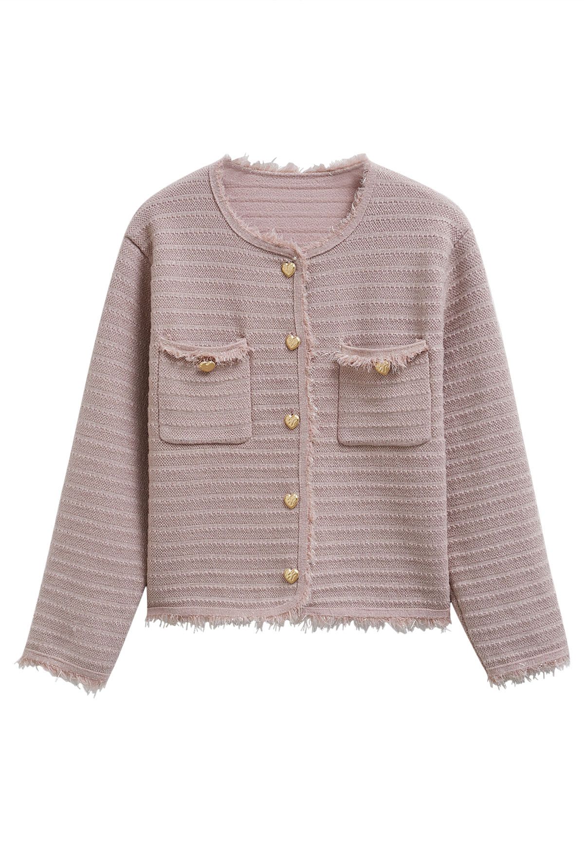 Cardigan en tricot métallisé à bordures à pompons en rose clair