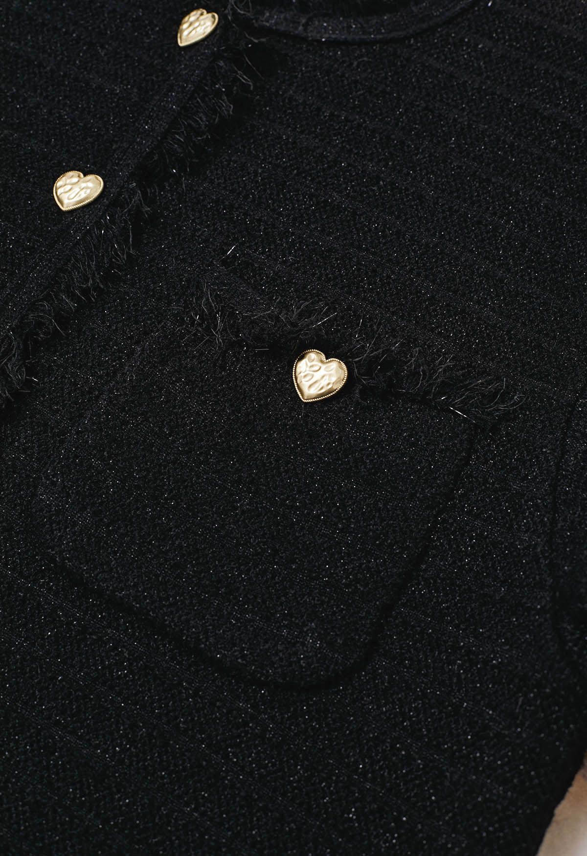 Cardigan en tricot métallisé à bordures à pompons en noir