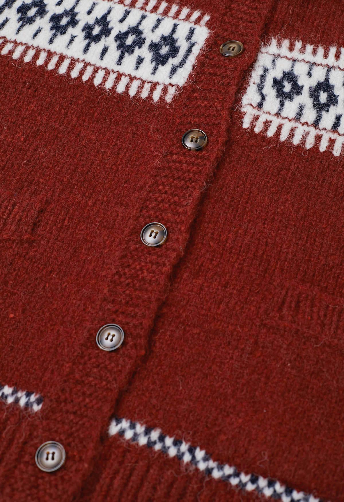 Cardigan en tricot à capuche boutonné contrasté Fair Isle en rouge