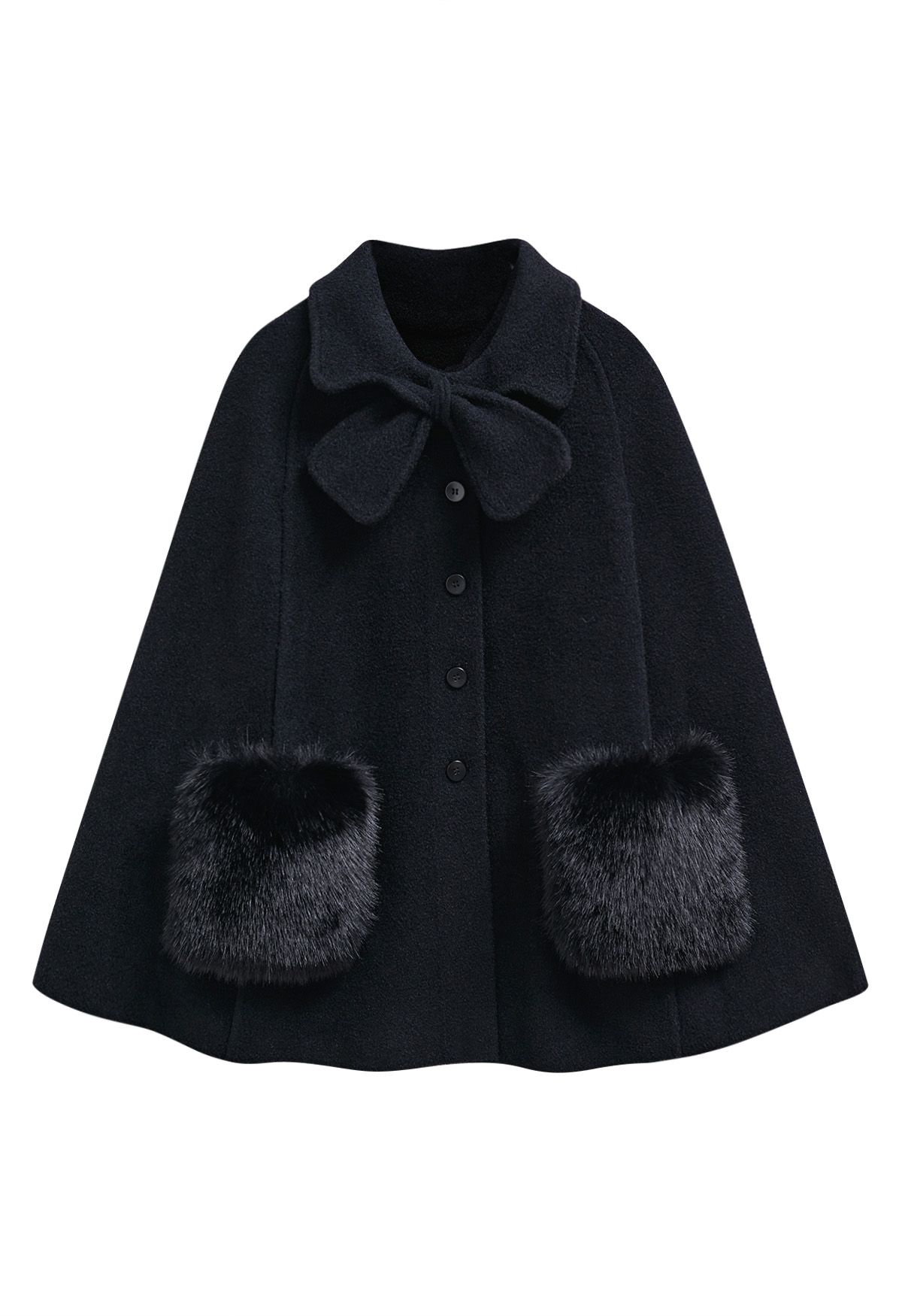 Manteau cape en tricot boutonné avec poche en fausse fourrure et décor de nœud papillon en noir