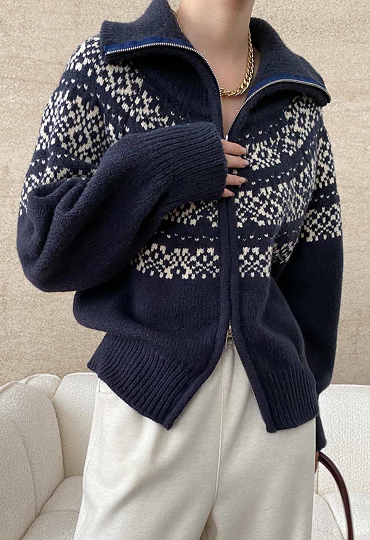 Cardigan en tricot jacquard Fair Isle à double fermeture éclair en bleu marine