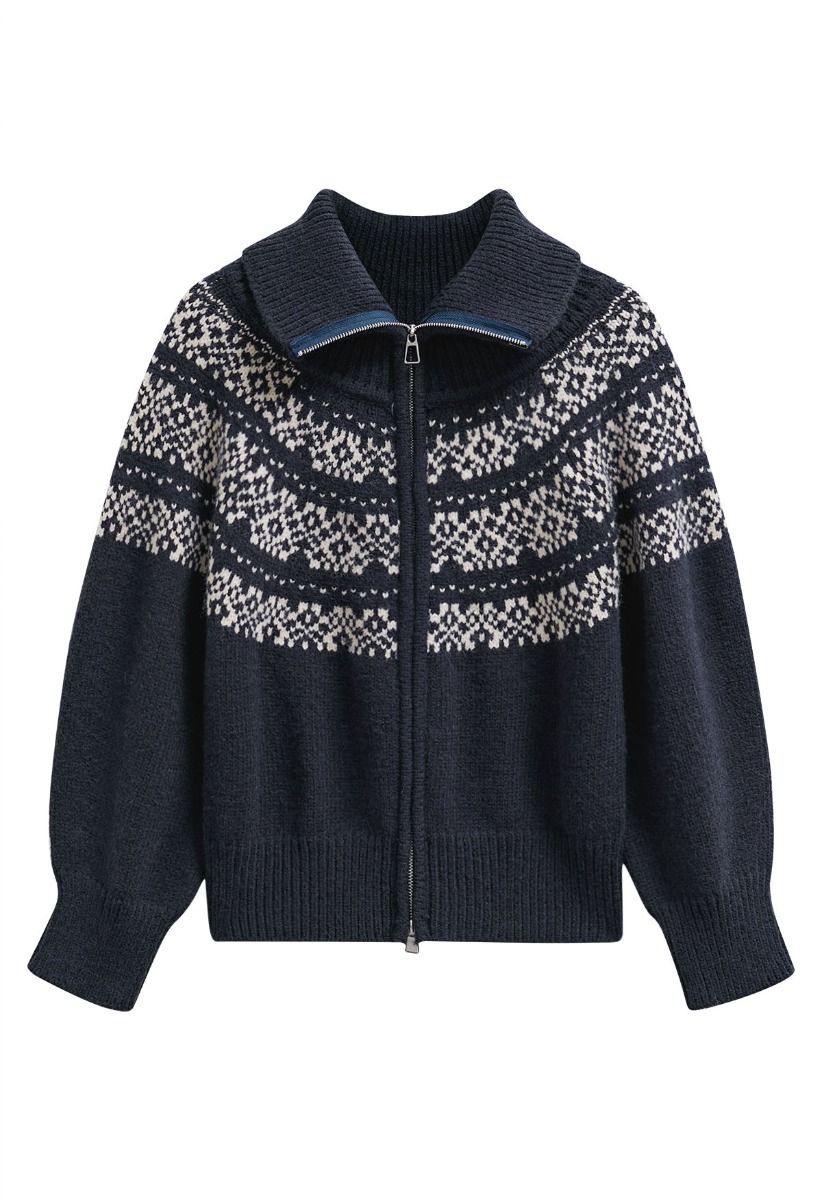 Cardigan en tricot jacquard Fair Isle à double fermeture éclair en bleu marine