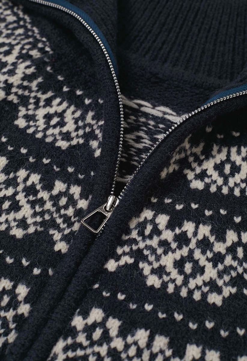 Cardigan en tricot jacquard Fair Isle à double fermeture éclair en bleu marine