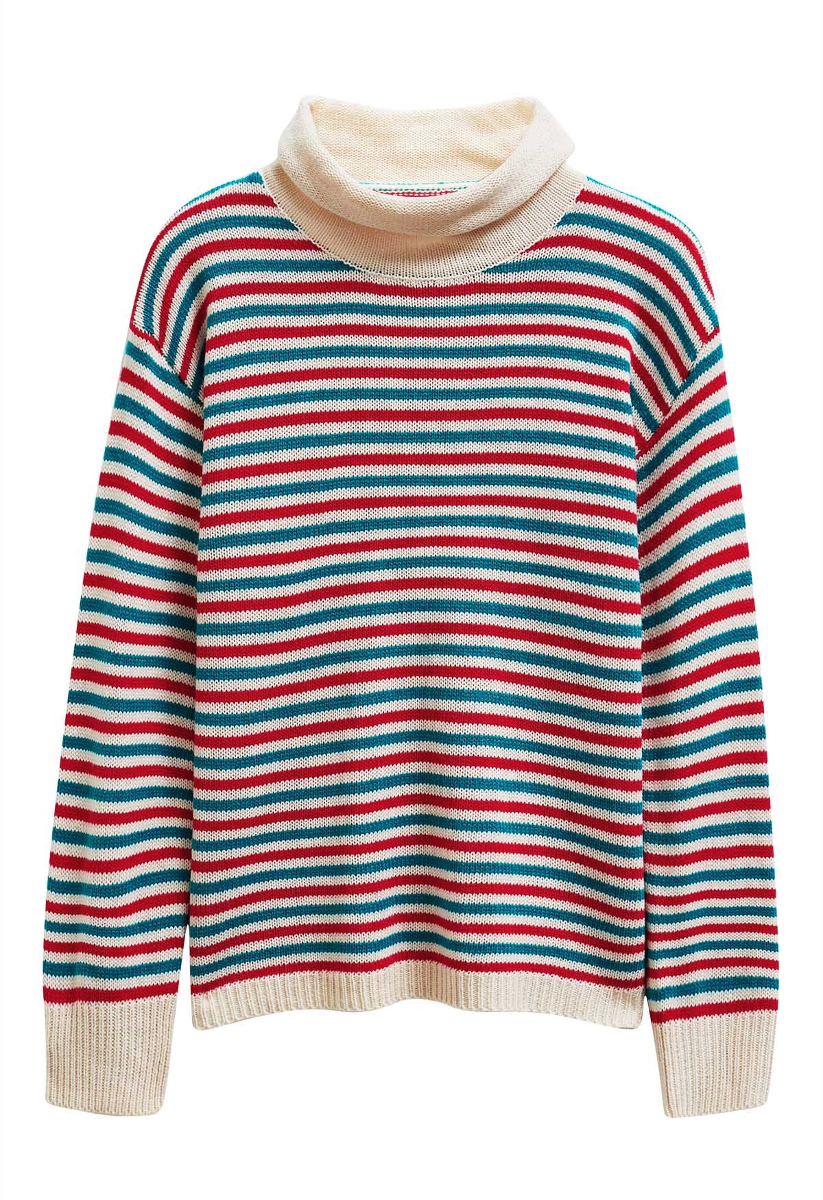 Pull en tricot à rayures colorées et col roulé