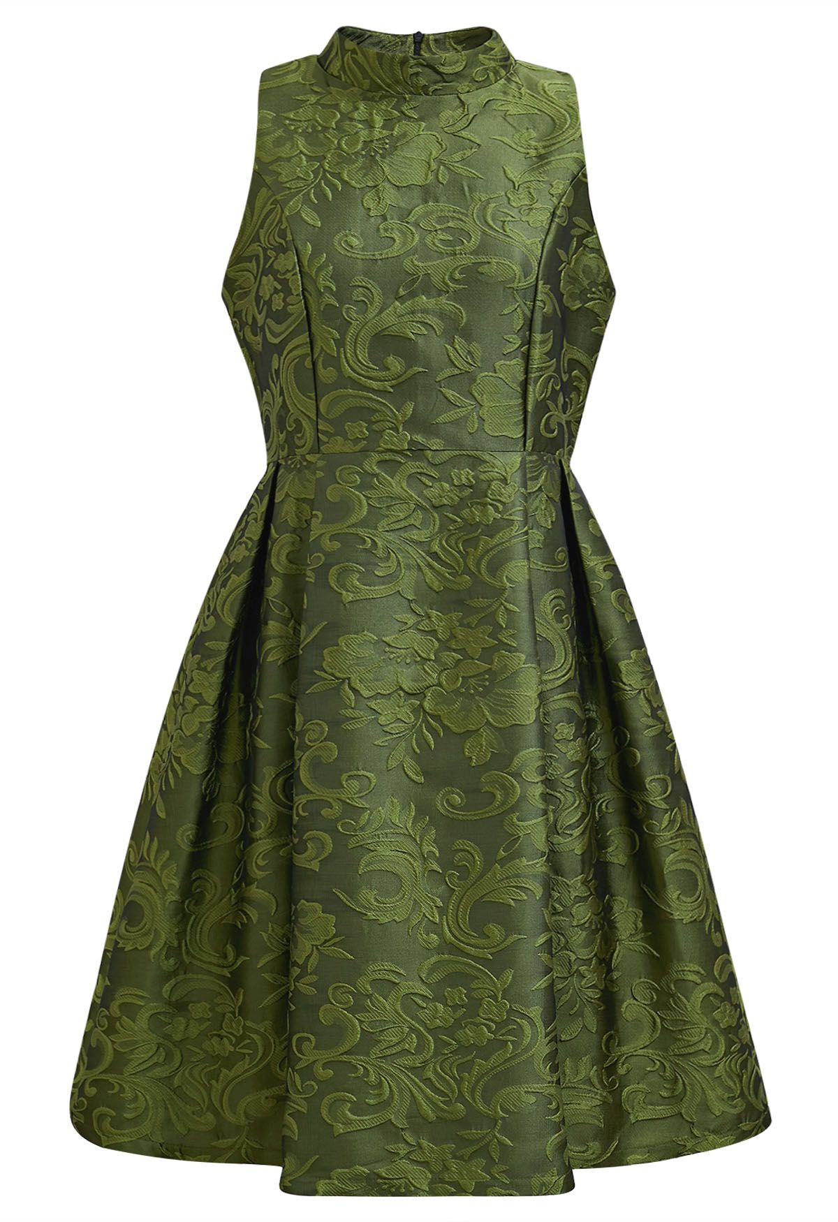 Magnifique robe sans manches en jacquard fleuri vert