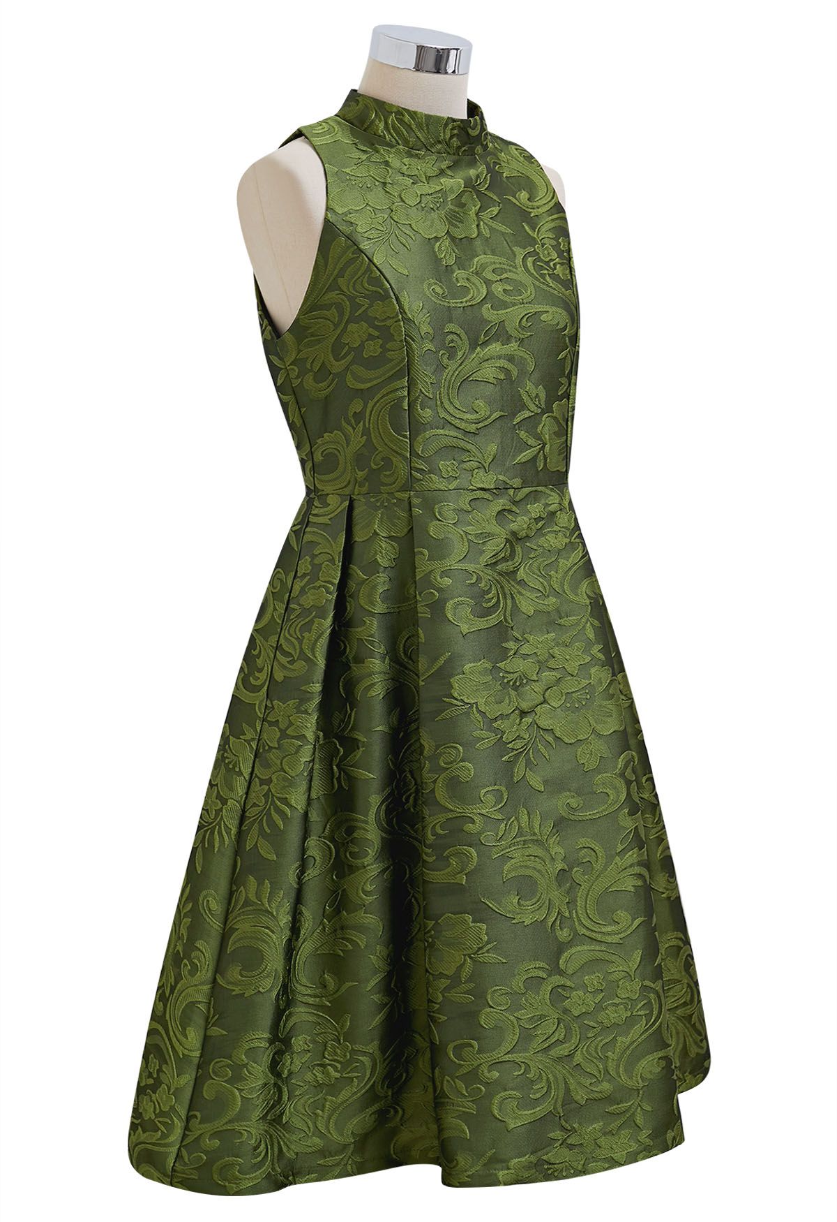 Magnifique robe sans manches en jacquard fleuri vert