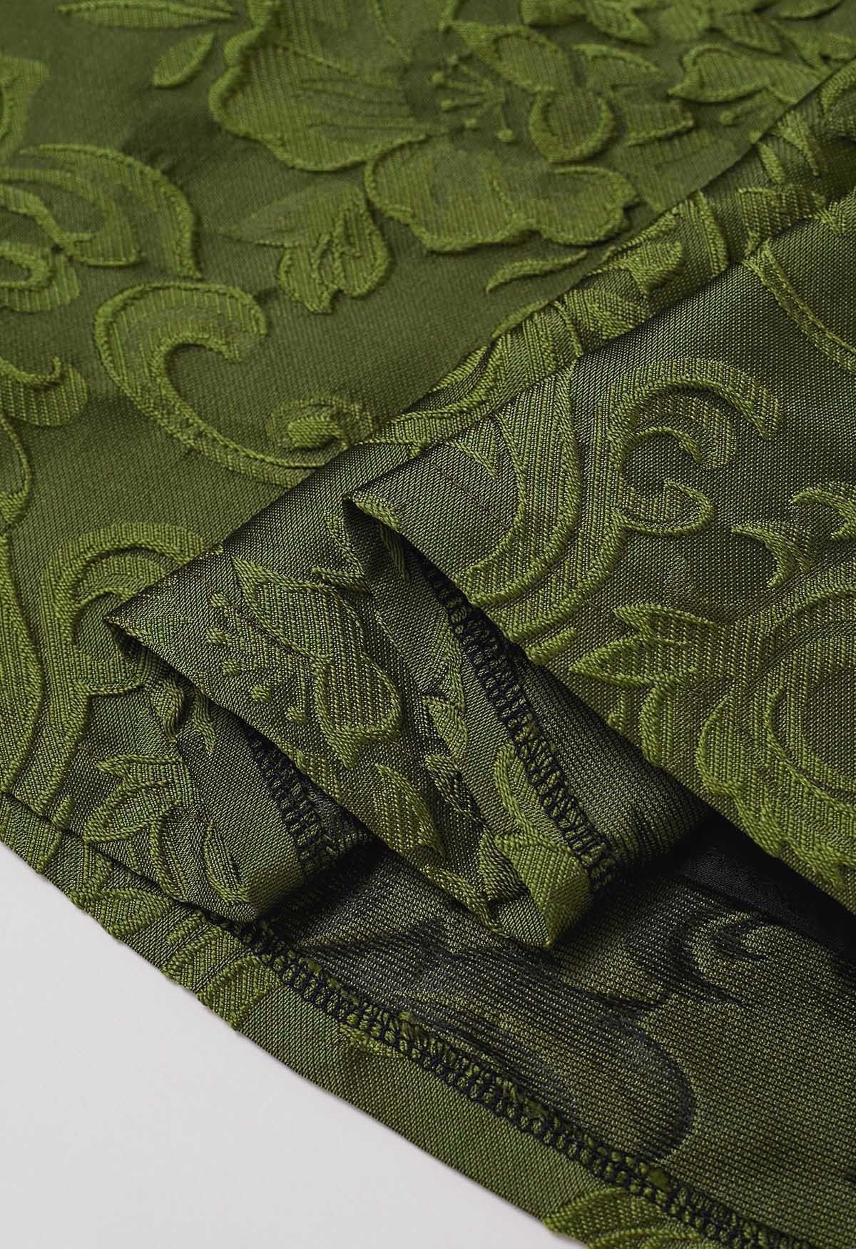 Magnifique robe sans manches en jacquard fleuri vert