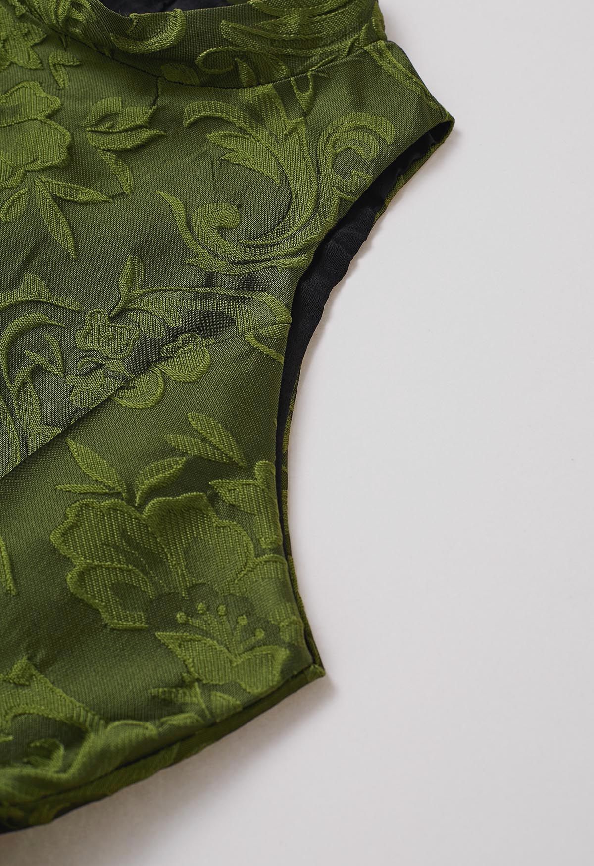 Magnifique robe sans manches en jacquard fleuri vert