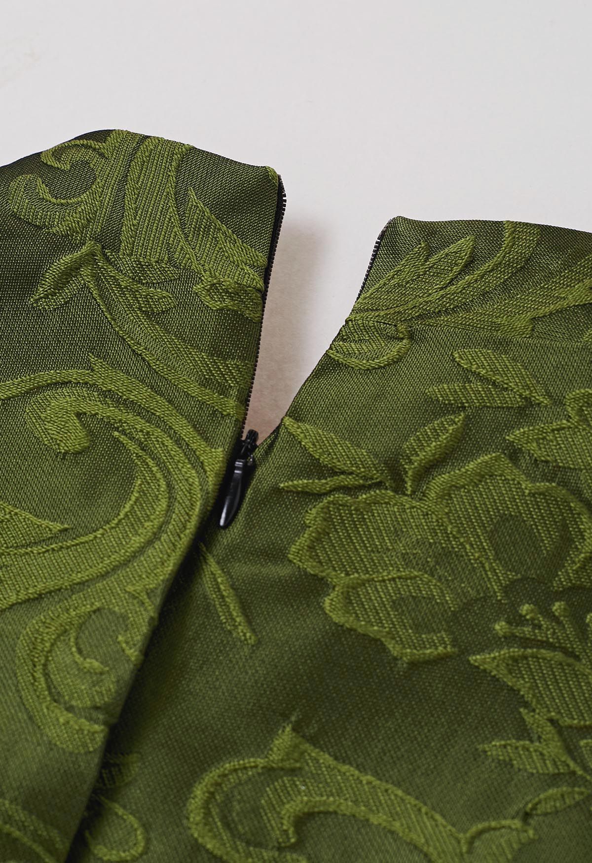 Magnifique robe sans manches en jacquard fleuri vert