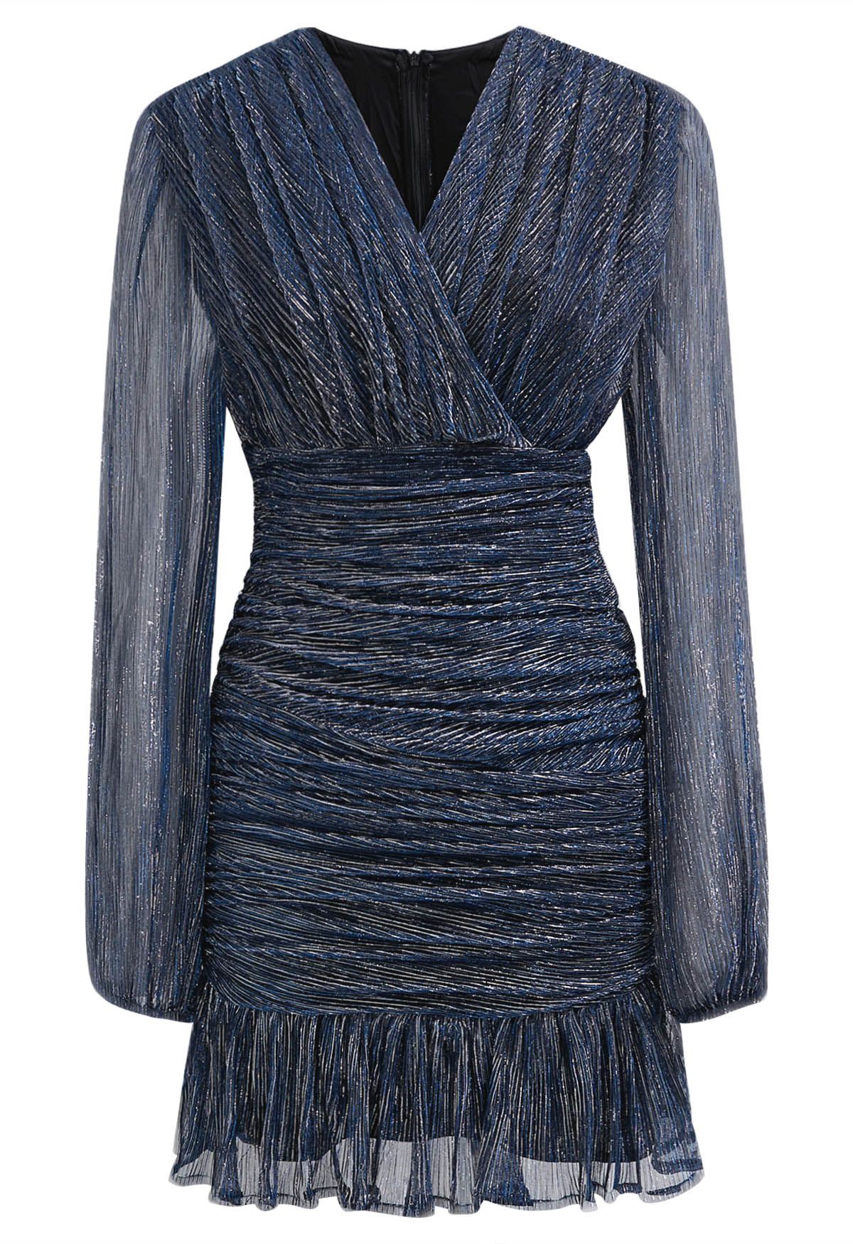 Robe de cocktail élégante en maille froncée scintillante bleu marine