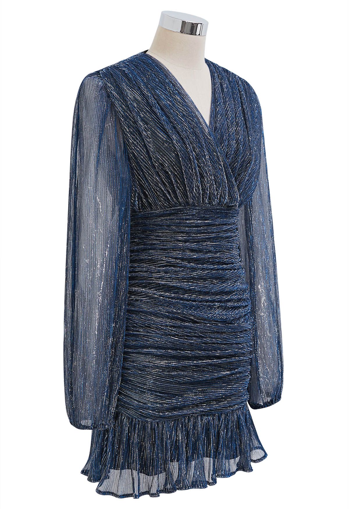 Robe de cocktail élégante en maille froncée scintillante bleu marine