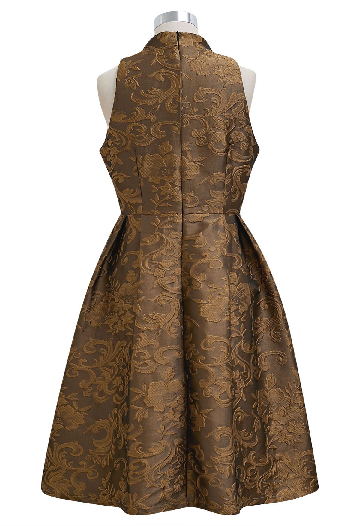 Magnifique robe sans manches en jacquard fleuri en bronze