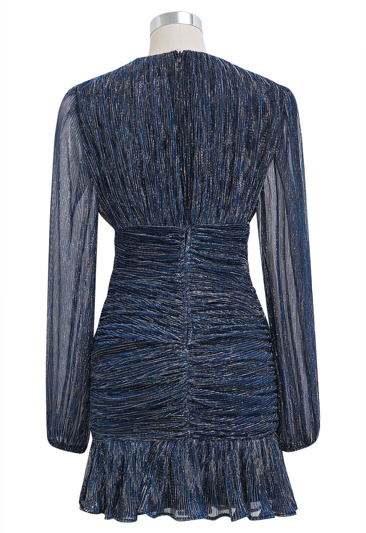 Robe de cocktail élégante en maille froncée scintillante bleu marine