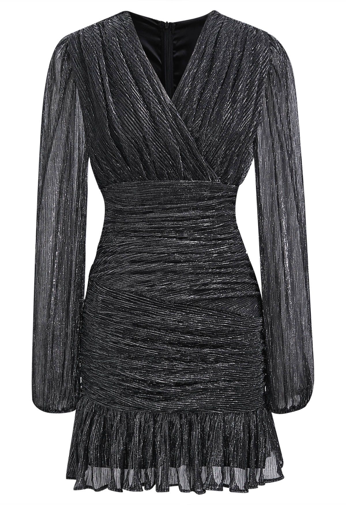 Robe de cocktail élégante en maille froncée scintillante en noir