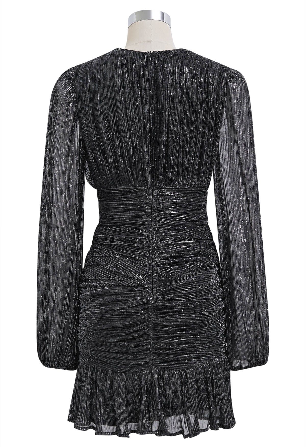 Robe de cocktail élégante en maille froncée scintillante en noir