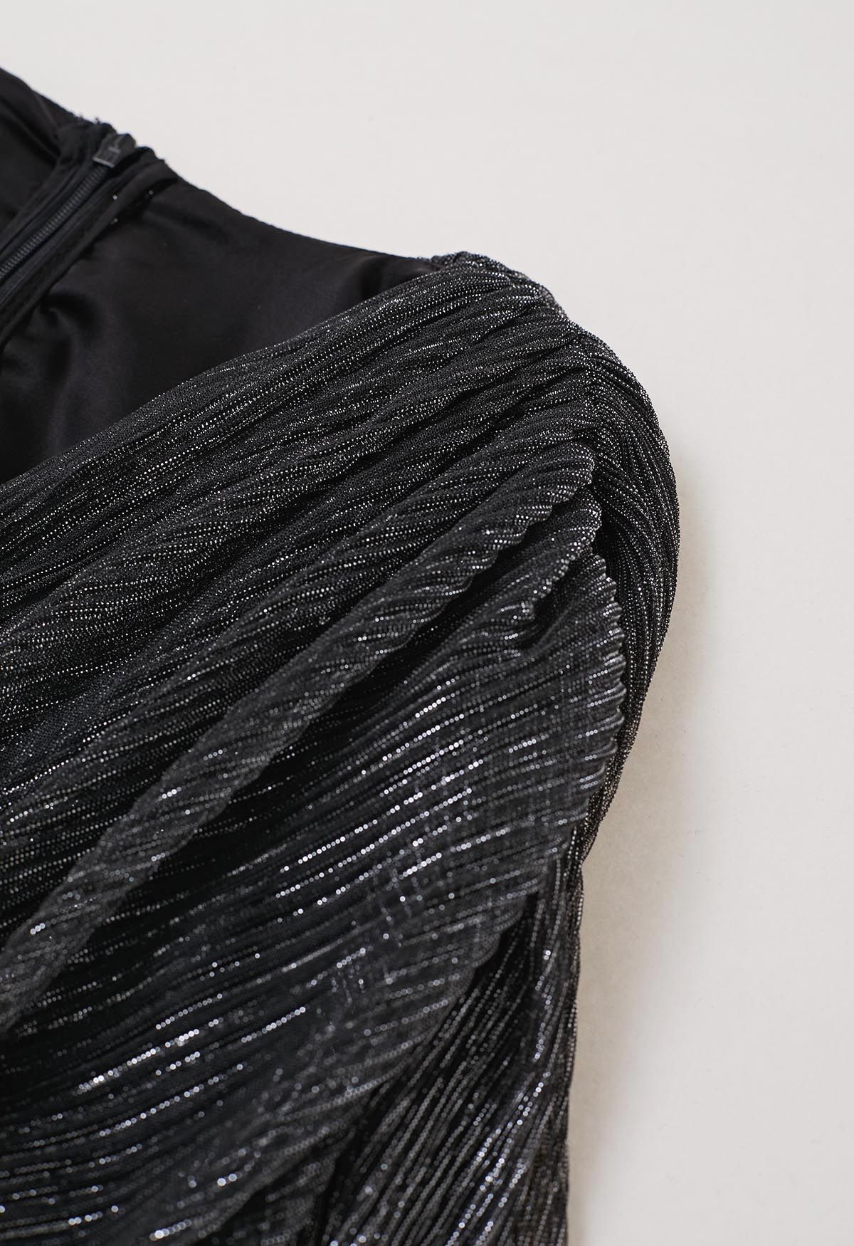 Robe de cocktail élégante en maille froncée scintillante en noir