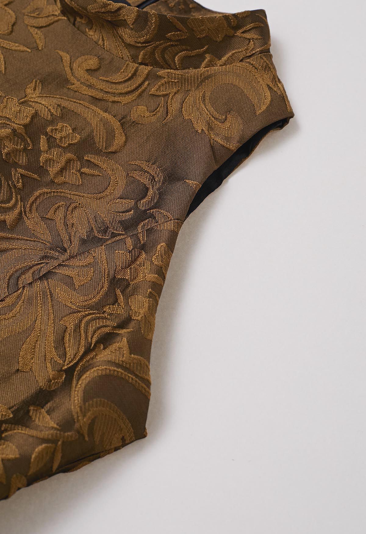 Magnifique robe sans manches en jacquard fleuri en bronze