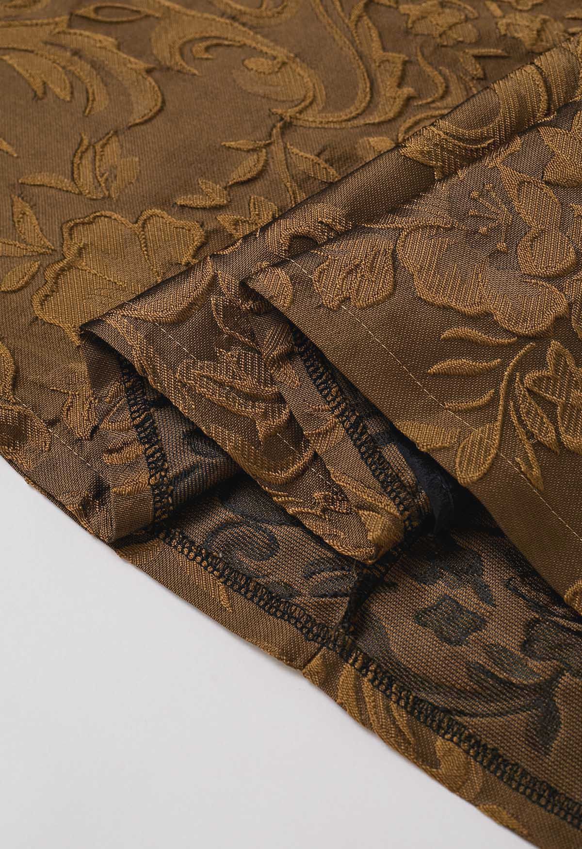 Magnifique robe sans manches en jacquard fleuri en bronze