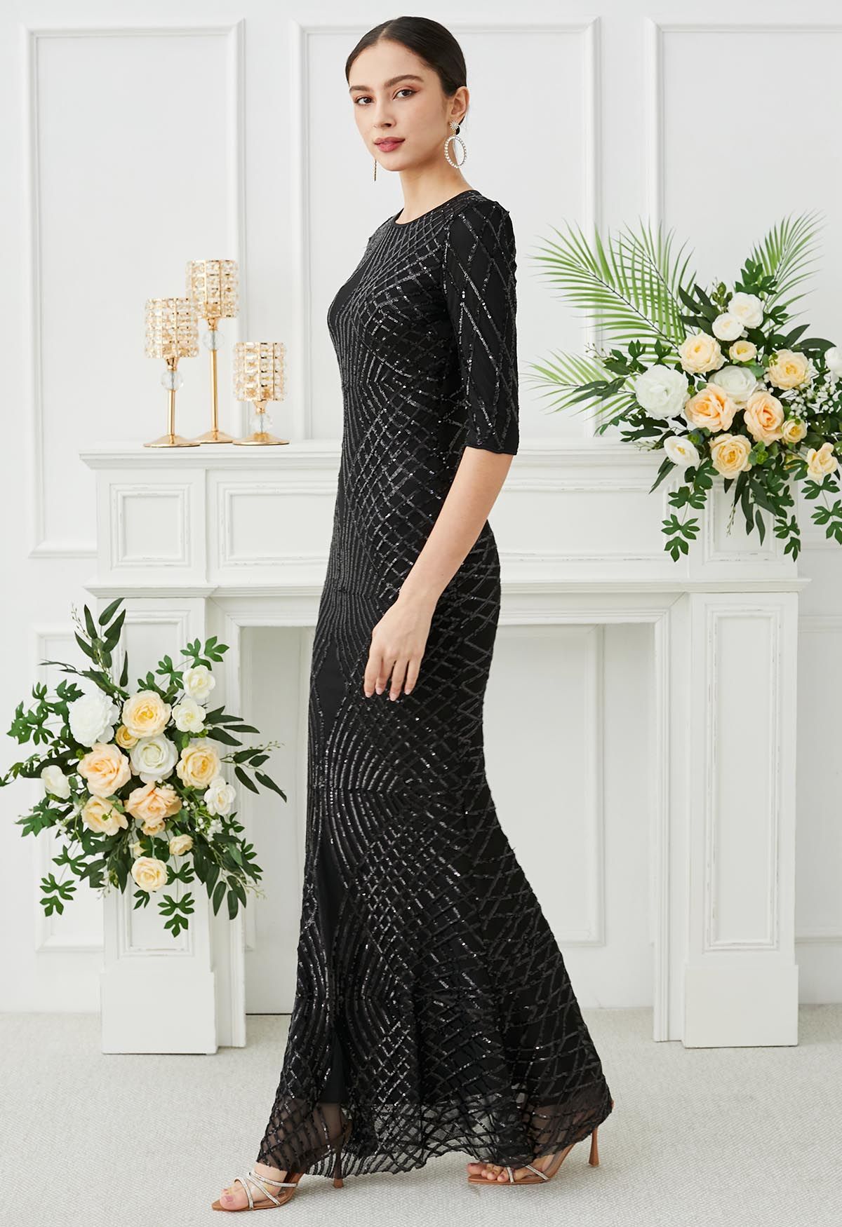 Robe sirène opulente à sequins géométriques en noir