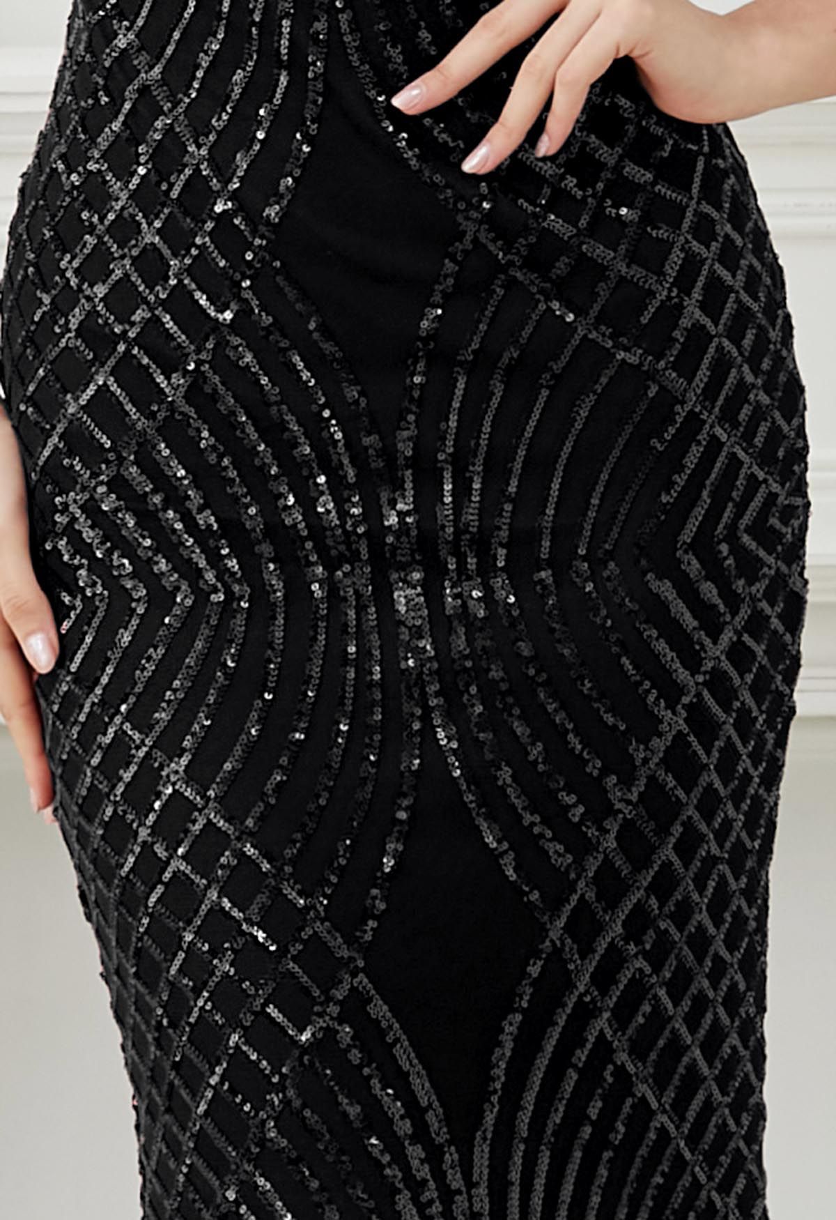 Robe sirène opulente à sequins géométriques en noir