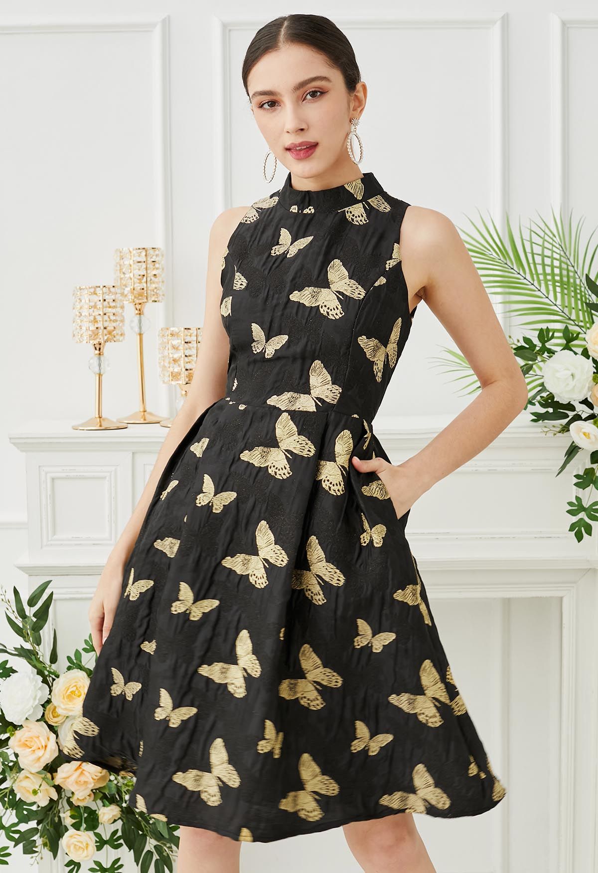 Robe exquise sans manches en jacquard à motif papillon