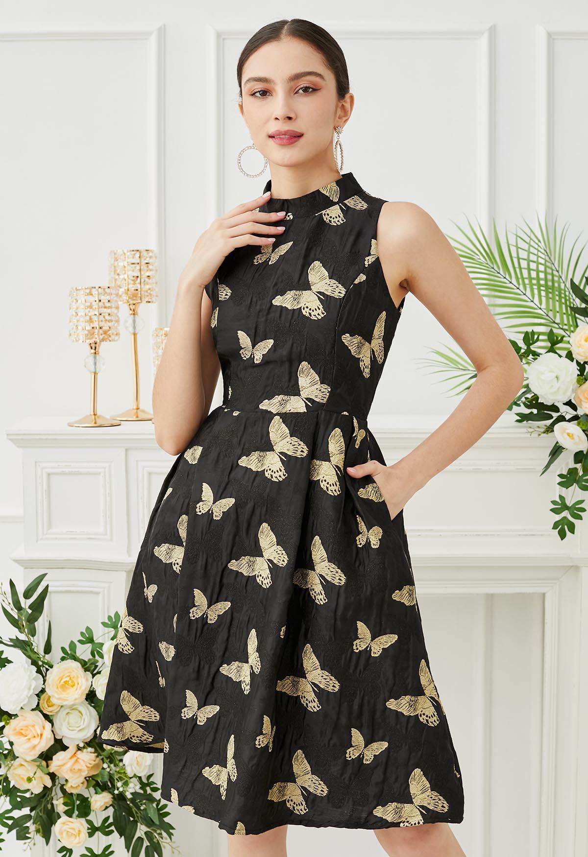 Robe exquise sans manches en jacquard à motif papillon