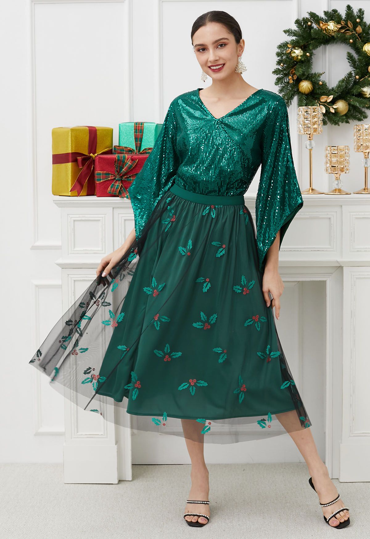 Jupe mi-longue en tulle Joyful Holly en vert foncé