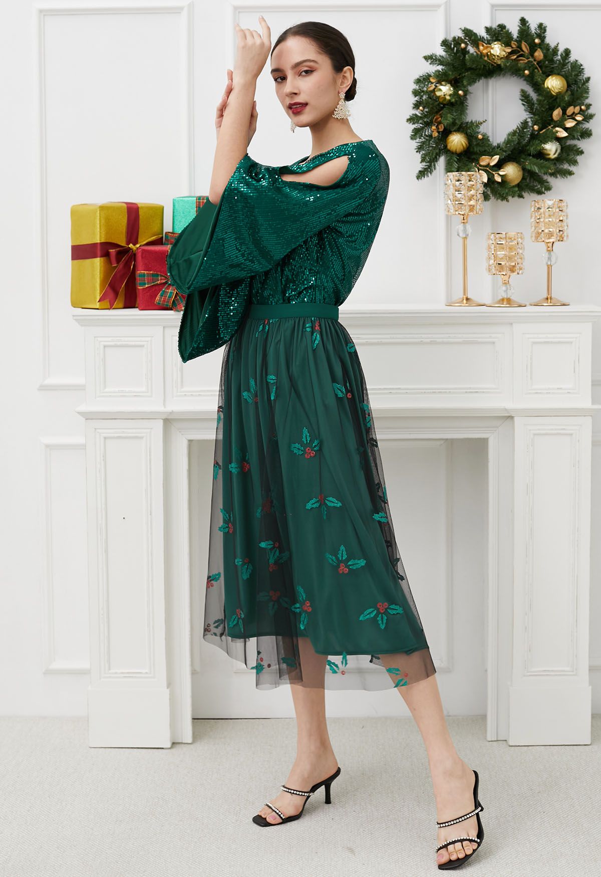 Jupe mi-longue en tulle Joyful Holly en vert foncé