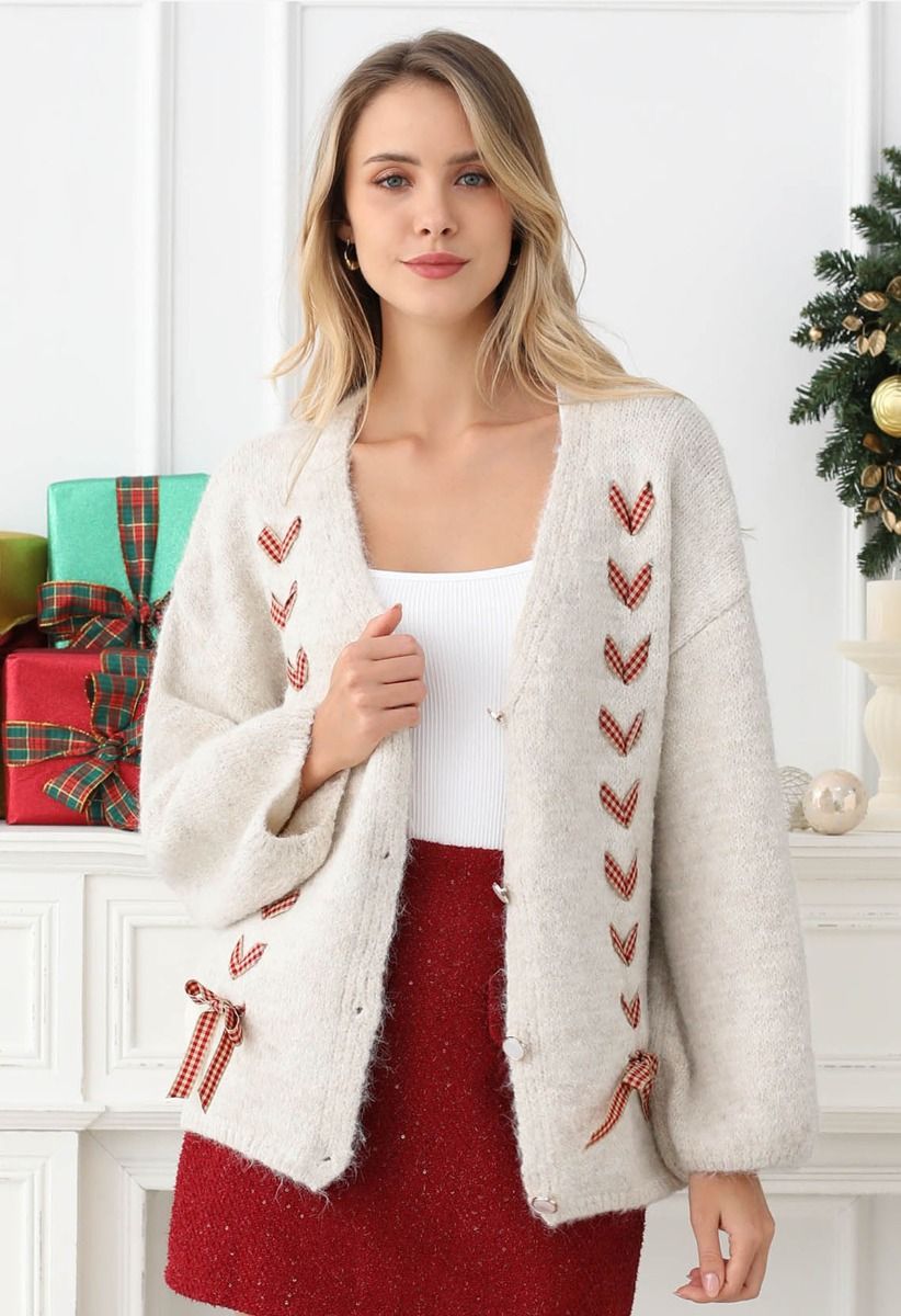 Cardigan en tricot pelucheux à lacets et ruban vichy en flocons d'avoine