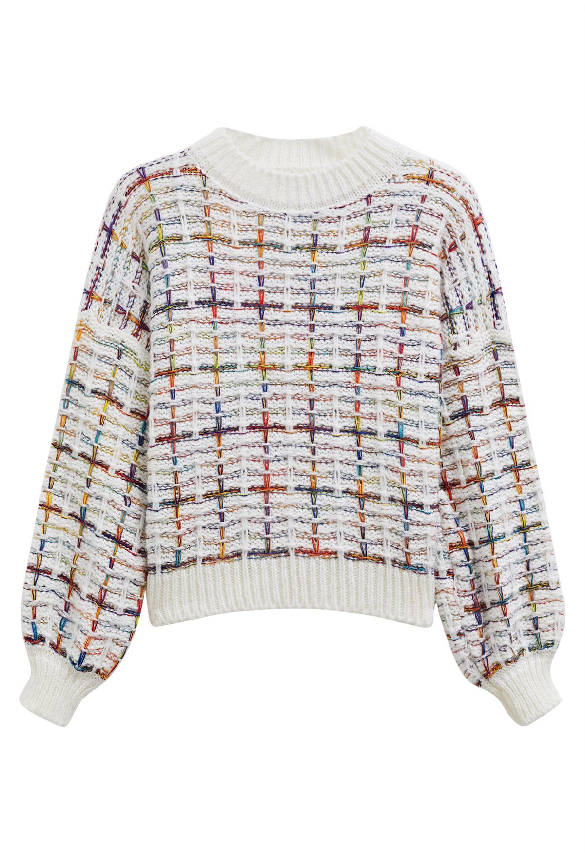 Pull en maille quadrillée aux accents de couleur en blanc