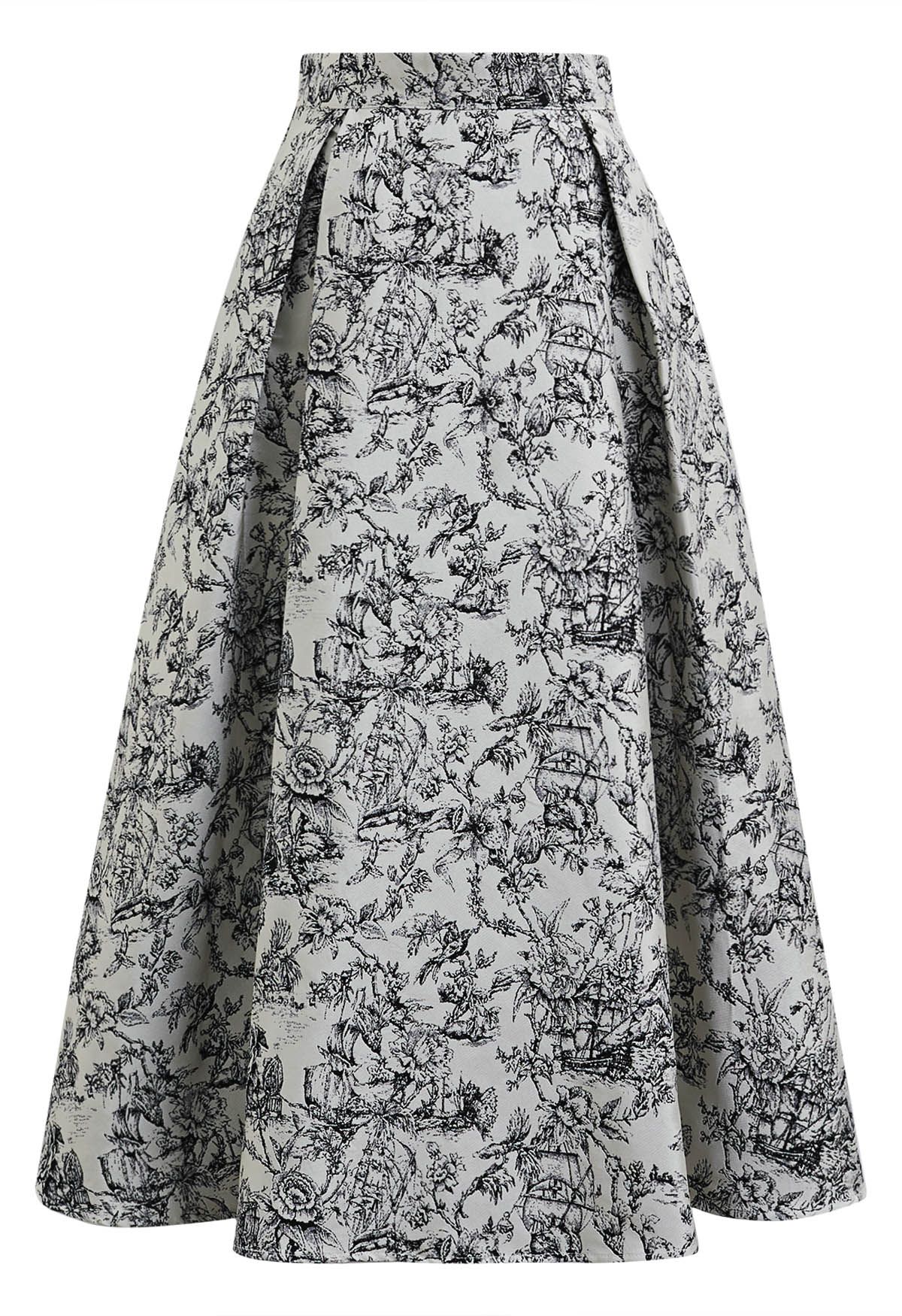 Jupe mi-longue trapèze gracieuse en jacquard floral noir