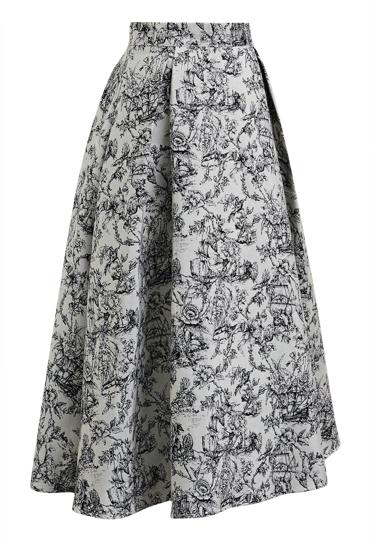 Jupe mi-longue trapèze gracieuse en jacquard floral noir