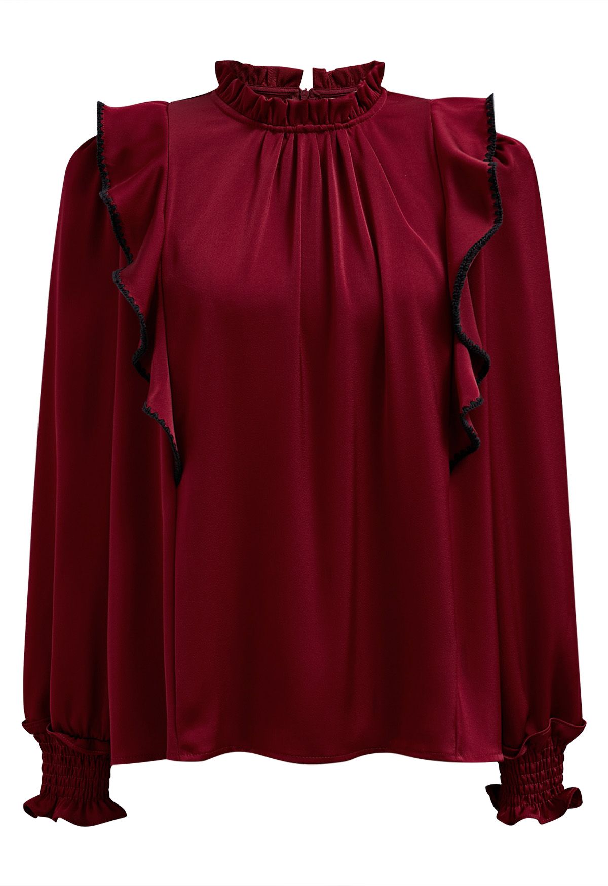 Chemise à manches bouffantes et volants à surpiqûres noires en rouge