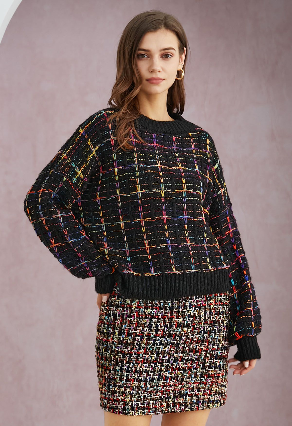 Pull en maille quadrillée aux accents de couleur en noir