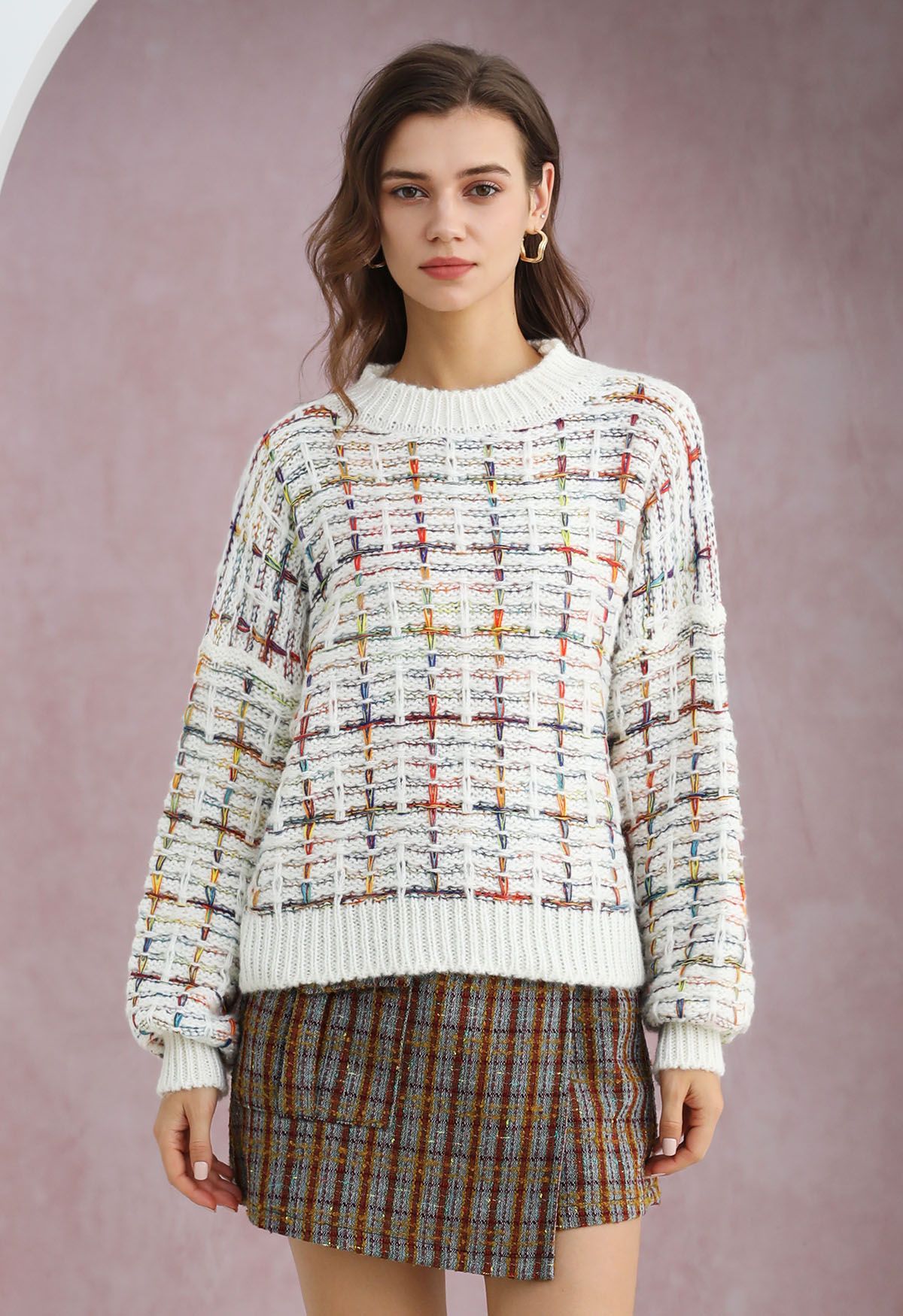 Pull en maille quadrillée aux accents de couleur en blanc