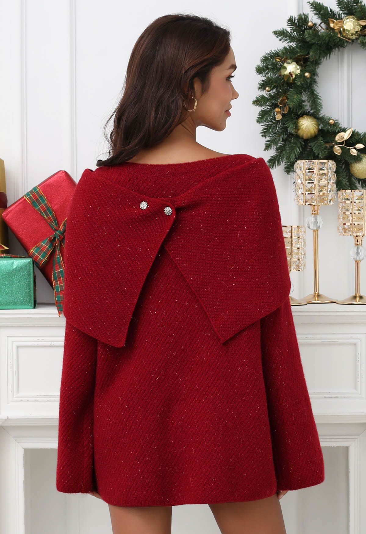 Robe pull en tricot métallisé 2 pièces avec nœud papillon en rouge