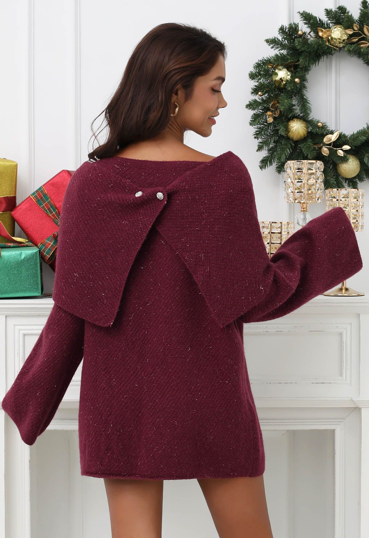 Robe pull en tricot métallisé 2 pièces avec nœud papillon en prune