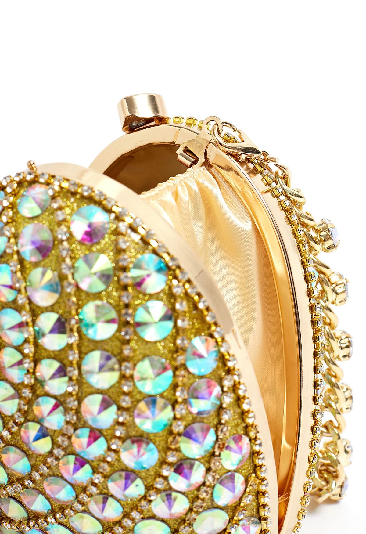 Mini sac bandoulière en forme de cœur avec strass en or