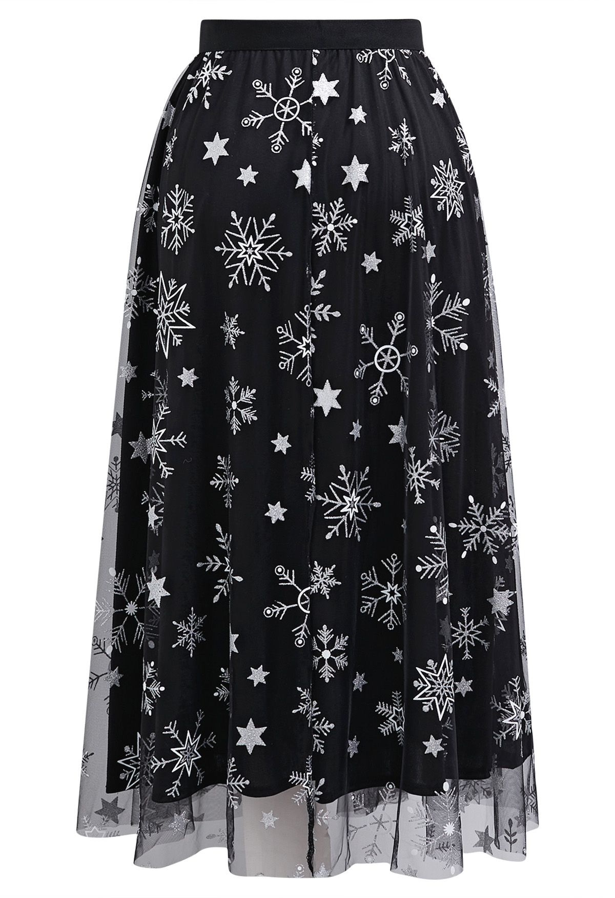 Glitter Star Snowflake Mesh Tulle Midi Skirt in Black