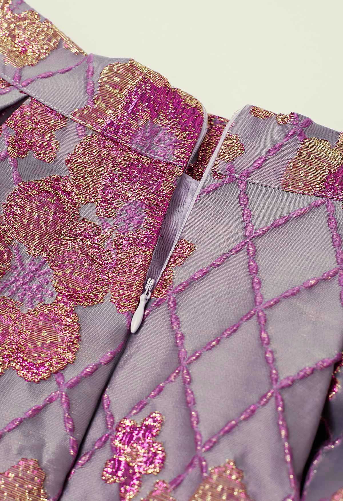 Jupe mi-longue en jacquard à motif floral tombant en lilas