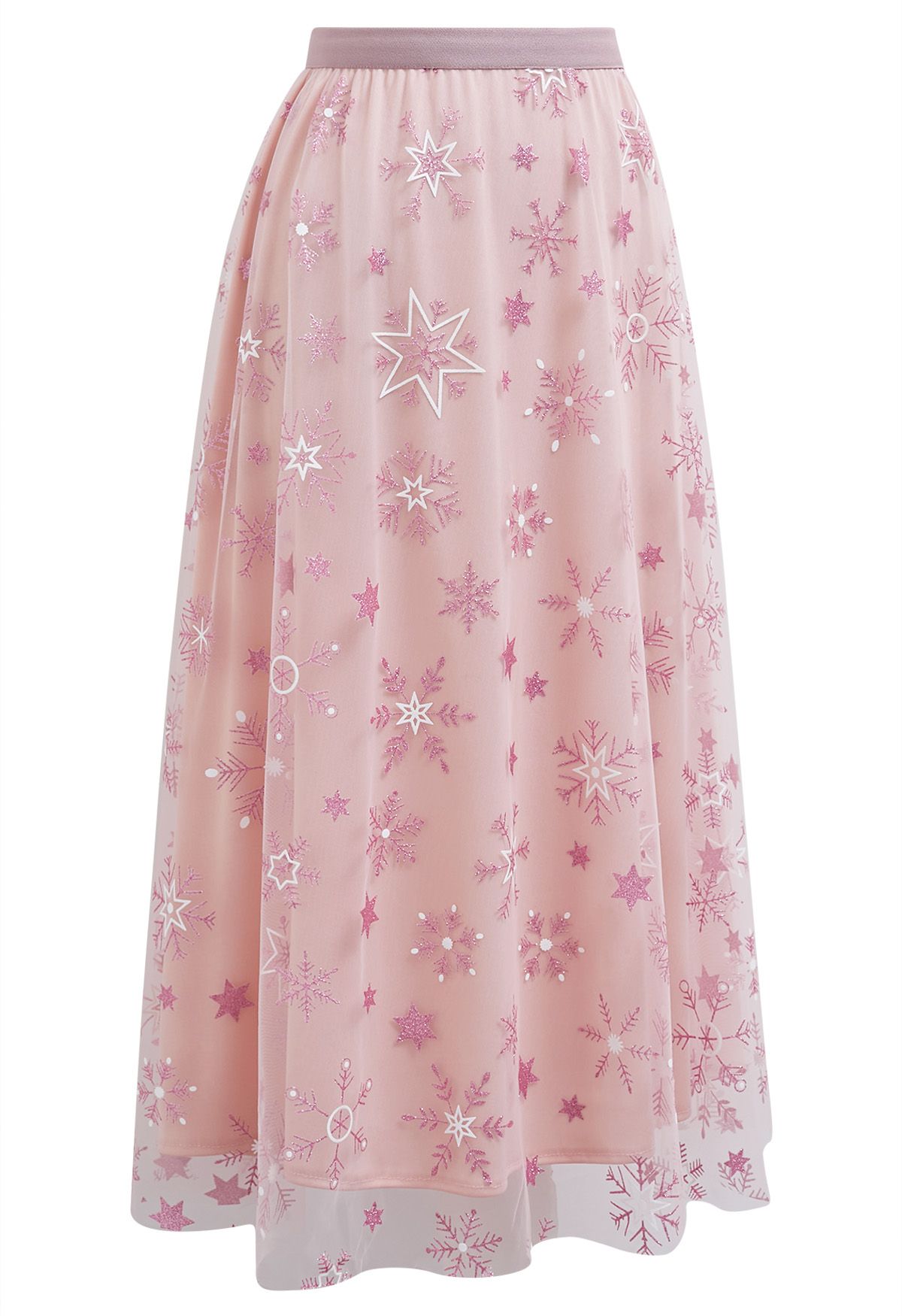 Jupe mi-longue en tulle à paillettes et flocons de neige en rose