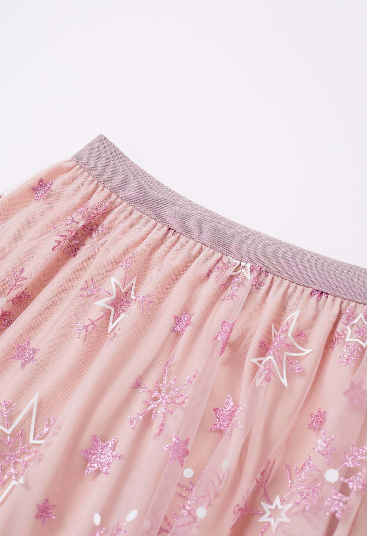 Jupe mi-longue en tulle à paillettes et flocons de neige en rose