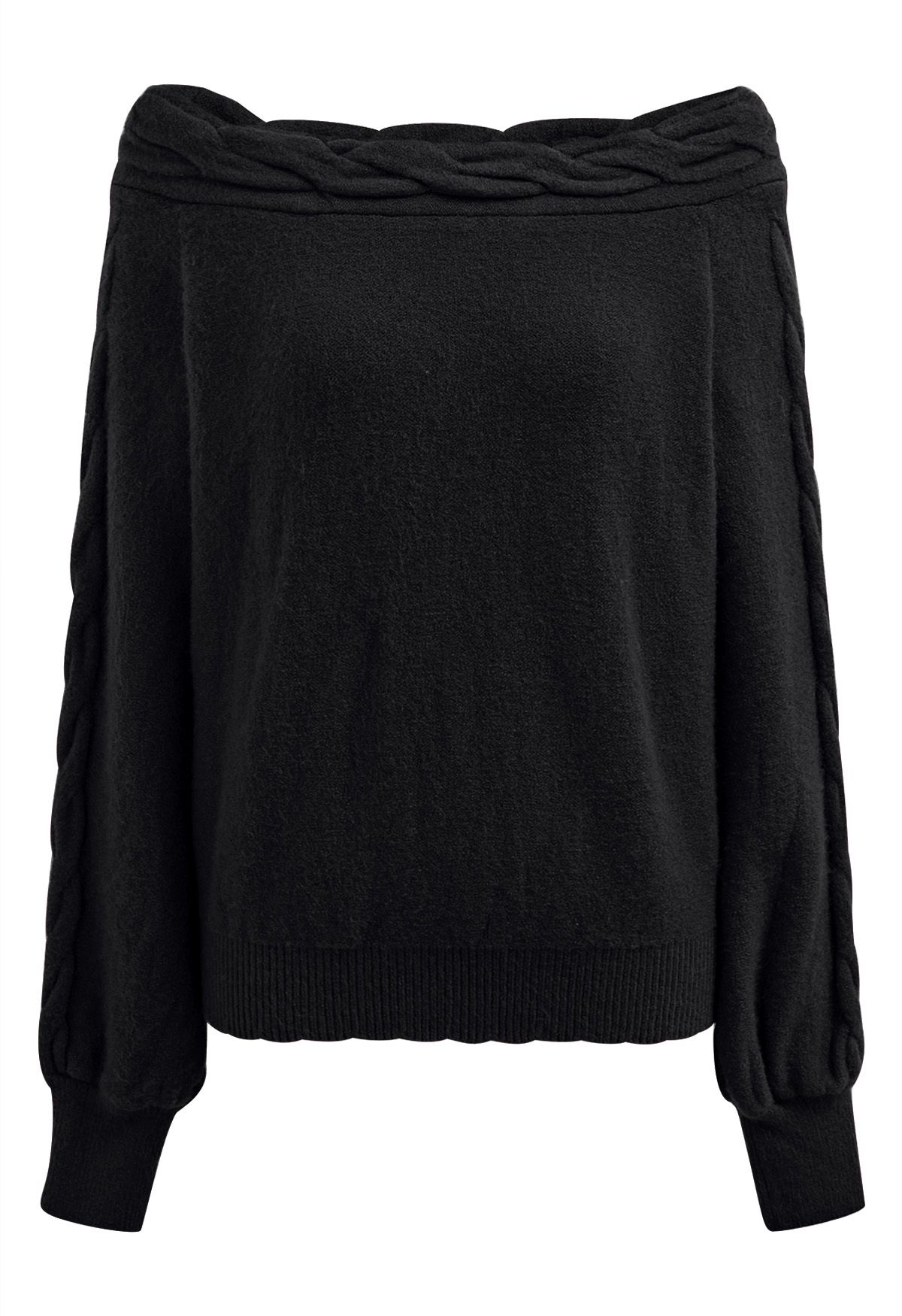 Pull en maille torsadée à épaules dénudées Bask in Winter en noir