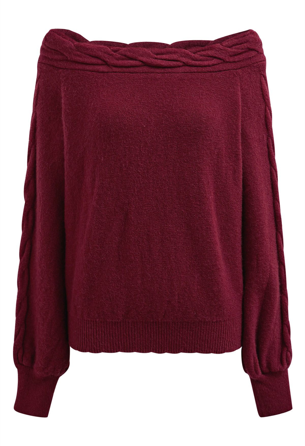 Pull en maille torsadée à épaules dénudées Bask in Winter en rouge