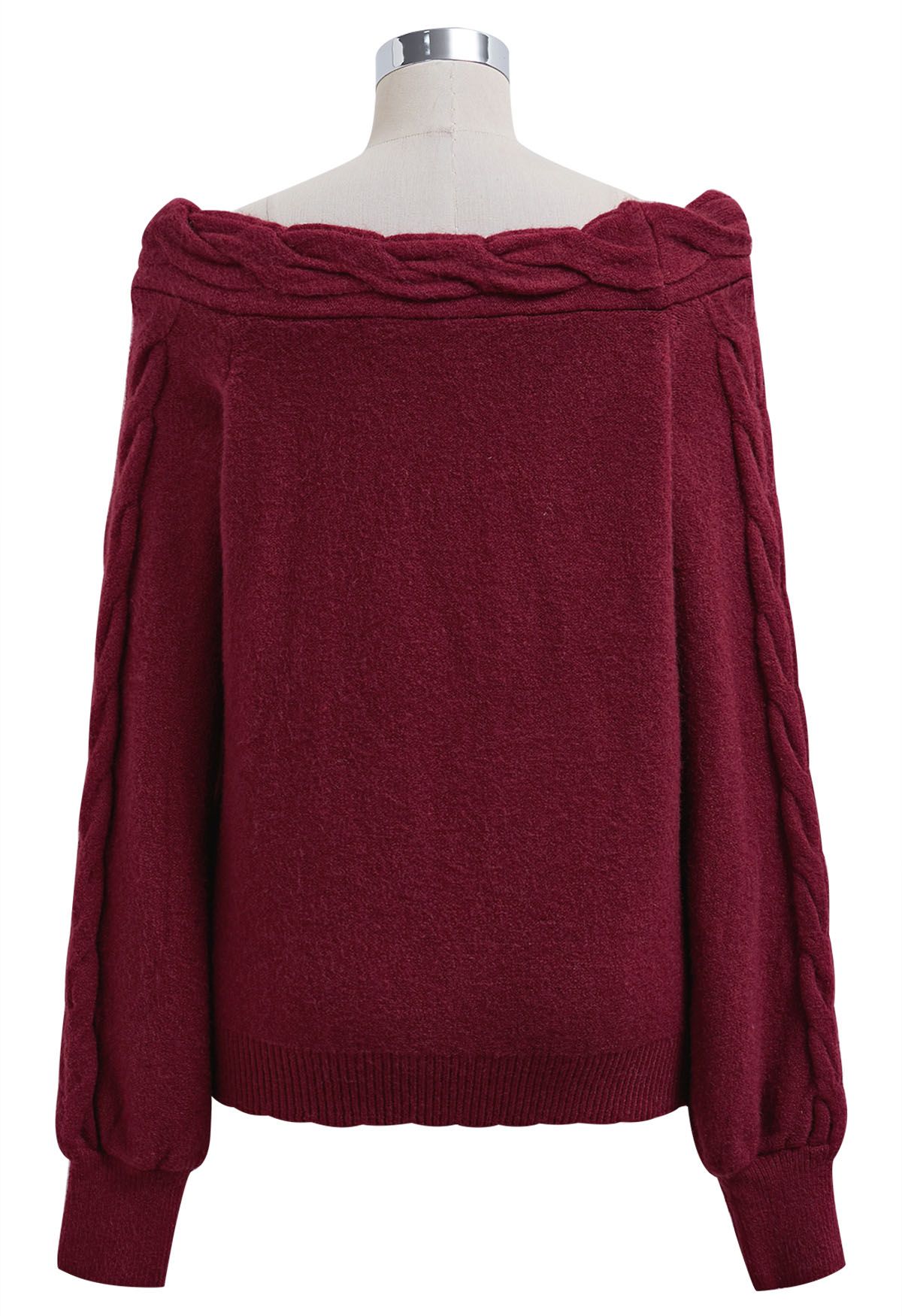 Pull en maille torsadée à épaules dénudées Bask in Winter en rouge