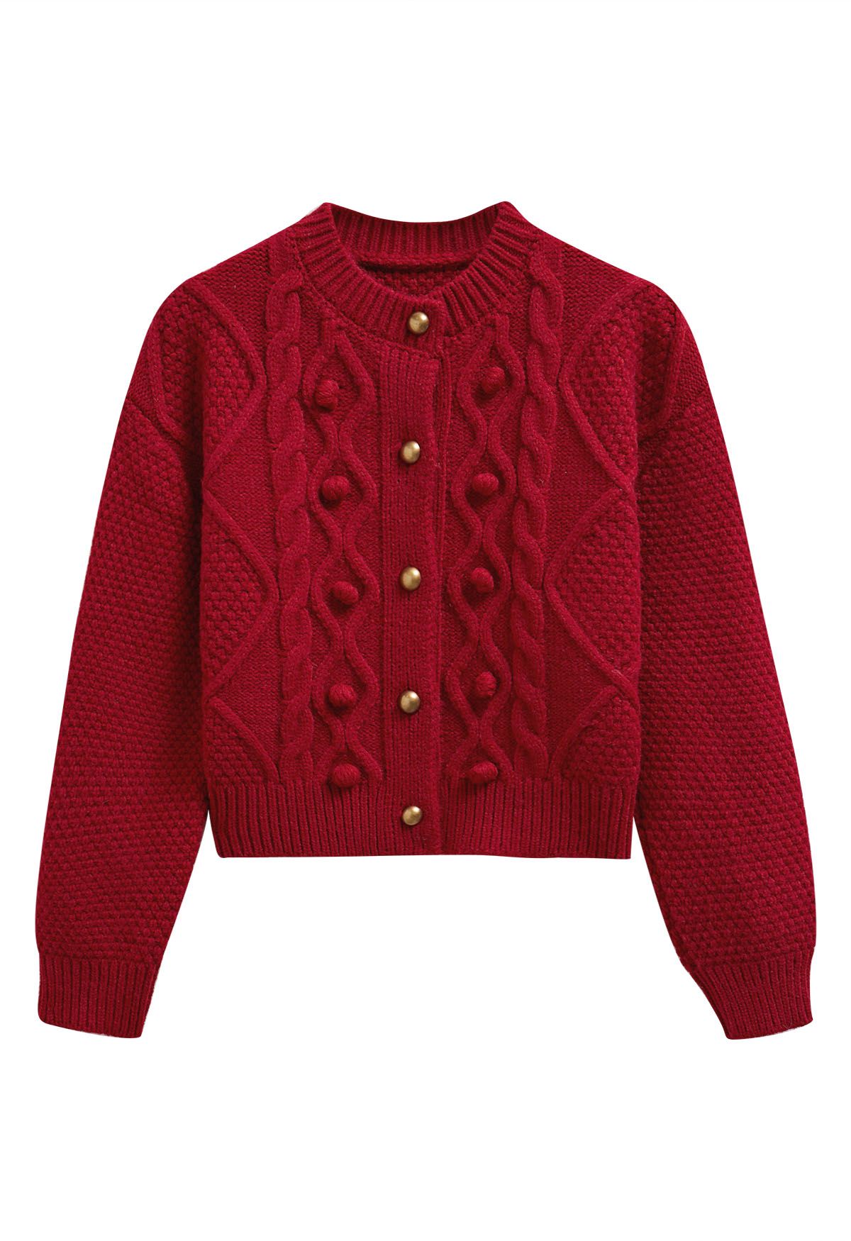 Cardigan court en maille gaufrée à pompons Euphoric en rouge