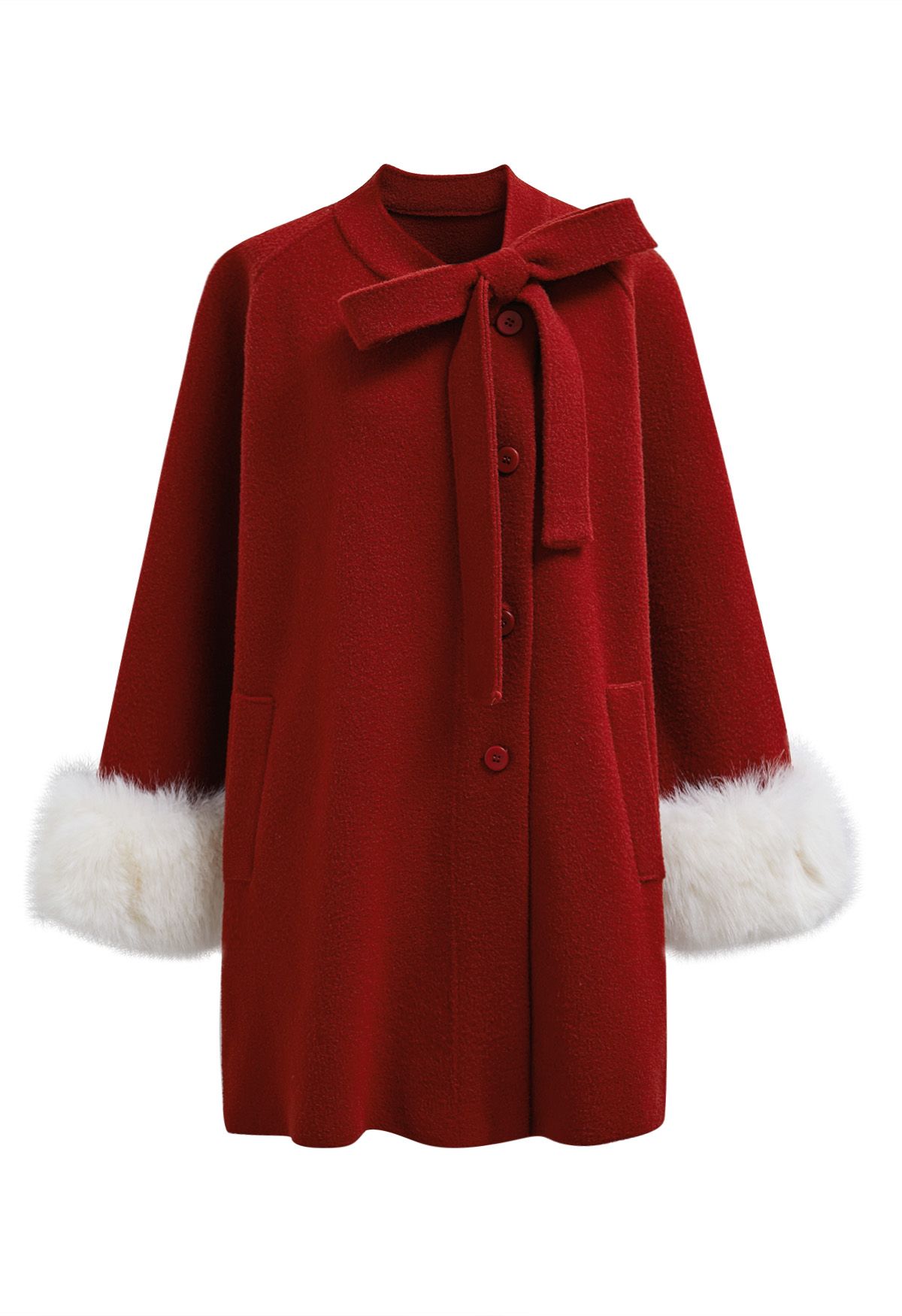 Joli manteau en tricot boutonné en fausse fourrure avec nœud papillon en rouge