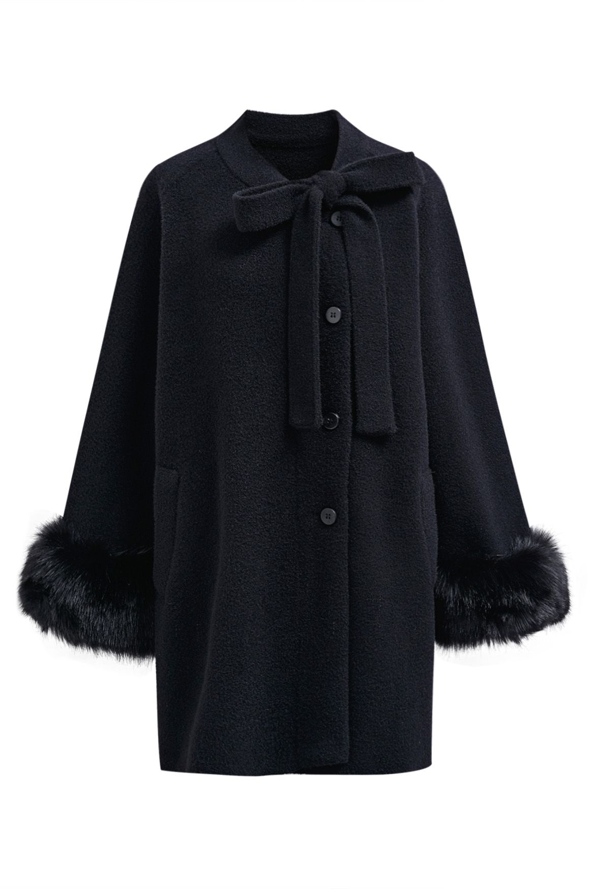 Joli manteau boutonné en tricot avec fausse fourrure et nœud papillon en noir