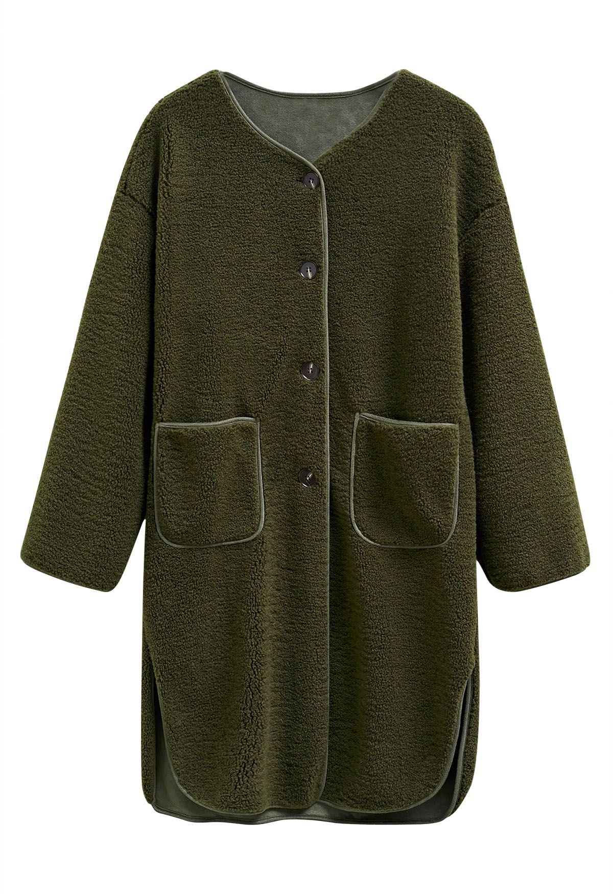 Manteau long boutonné sans col en sherpa vert kaki